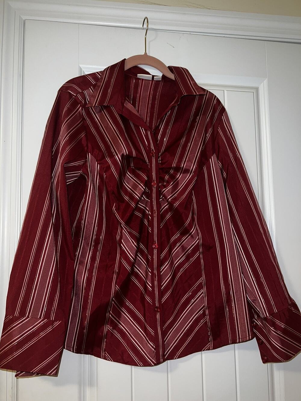 Cato womens silver and red striped button down long sleeve blouse plus 14W/16W
